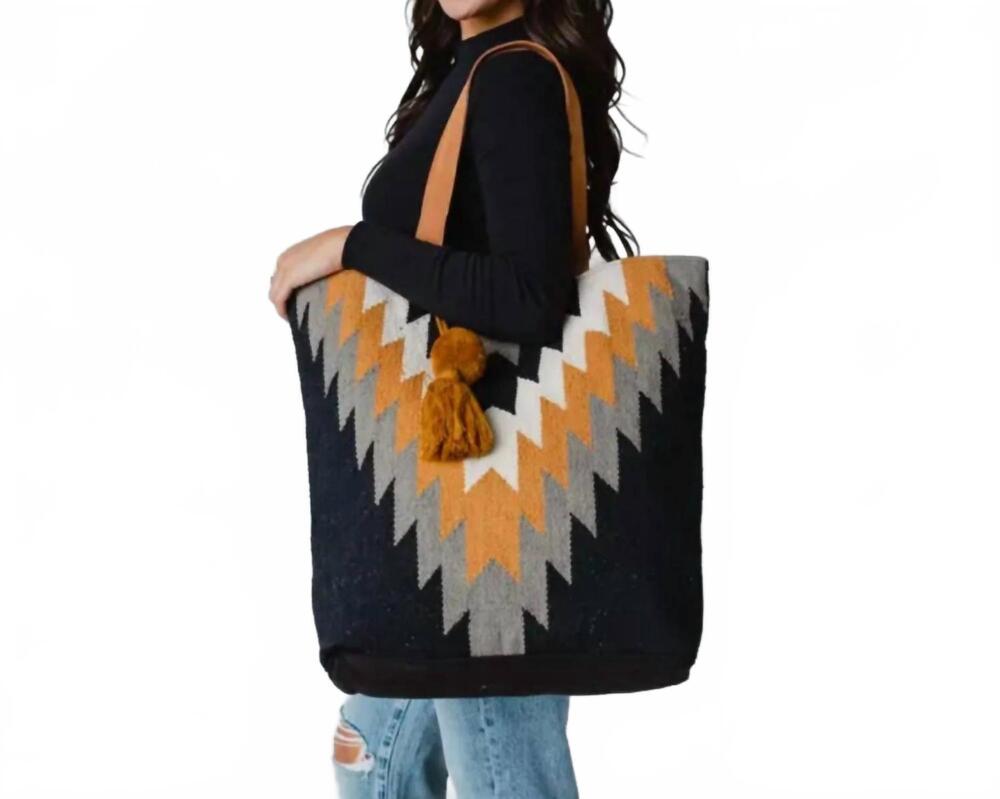 NEW PANACHE APPAREL women's pom tassel cotton tote in black grey mustard aztec t